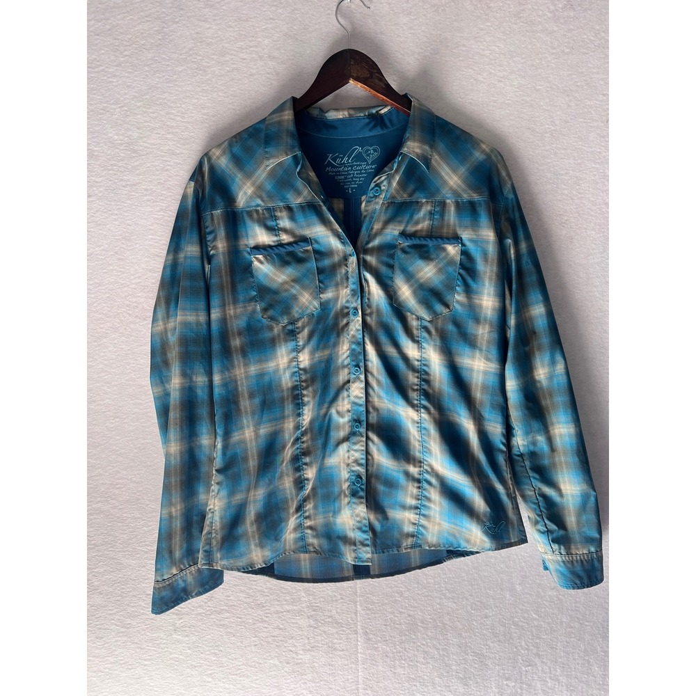 Kuhl Mountain Culture IONIK Plaid Button Down Shirt Blue Tan Womens Large L